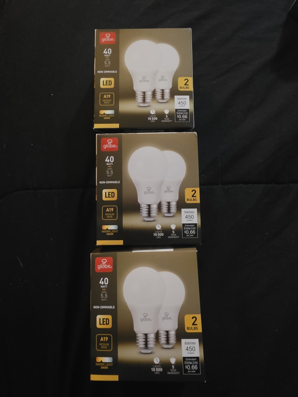 (3) Globe LED A19 Two-Pack Bulbs 40w